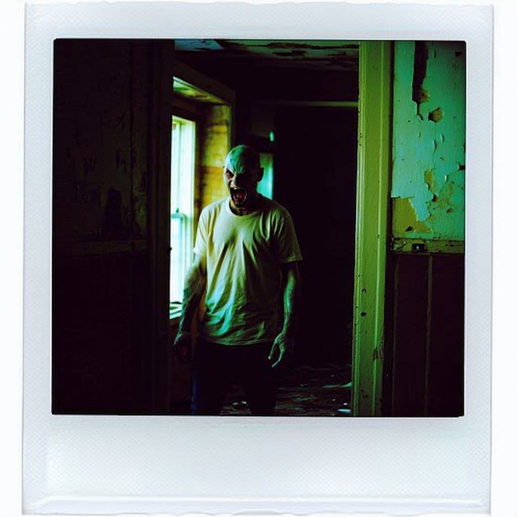 AI generated: grainy 80's photograph quality polaroid of the angriest, creepiest, uncanny, non-humanoid man caught...