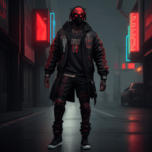 AI generated: angry black male rapper, red eyes, mask, full body, street, cyberpunk, intricate artwork . octane re...