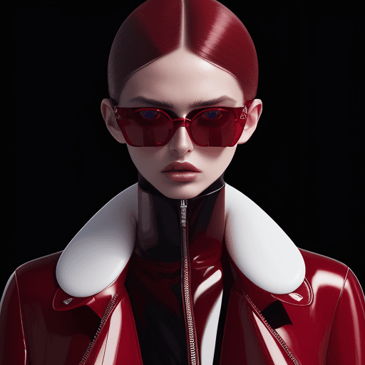 AI generated: Fashion shoot, Jacquemus and Moncler collaboration: dark  red  translucent futuristic sunglasses, hy...