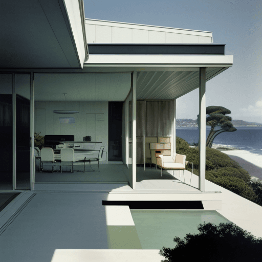 AI generated: Hyper realistic eye level exterior photo of a mid century modern style house overlooking the ocean, ...