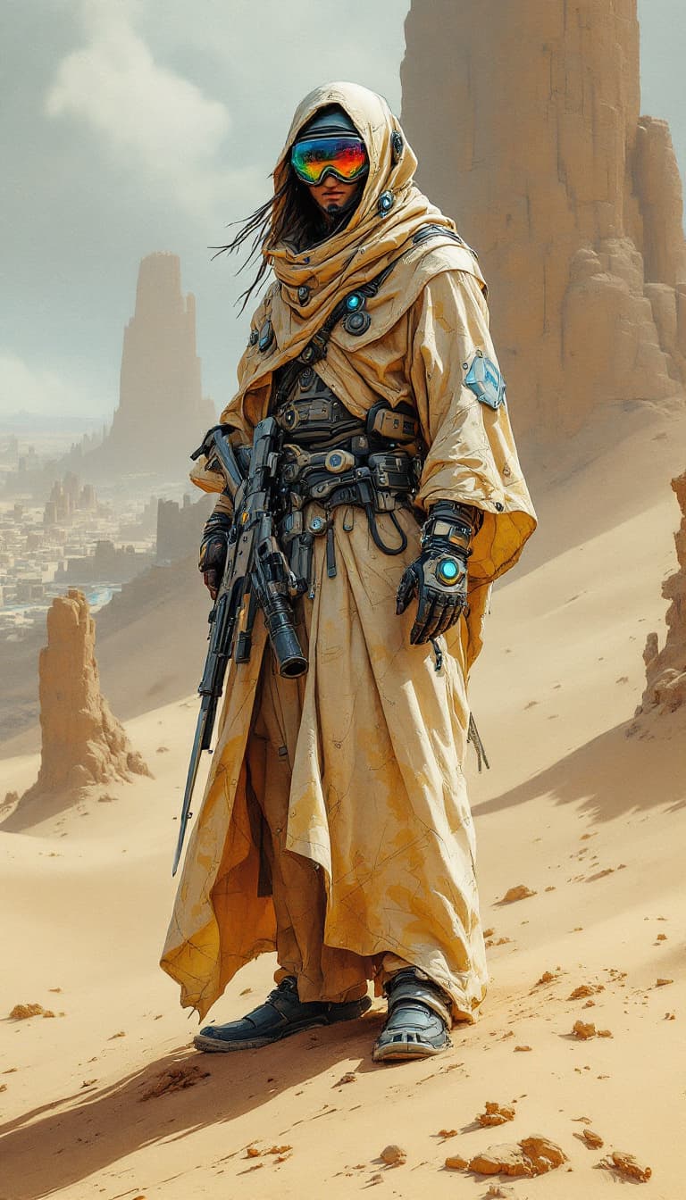 AI generated: Conceptual design: Cybernetic Nomad from the Shifting Sands. This captivating graffiti-punk digital ...