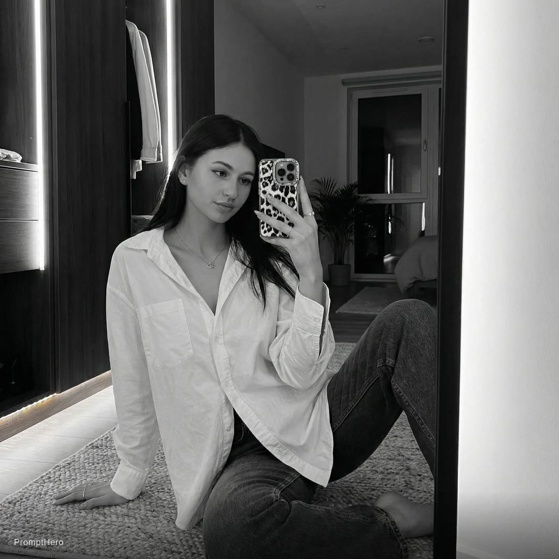AI generated: low light modern apartment interior, artistic mirror selfie composition, petite girl sitting casuall...
