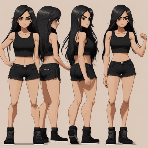 AI generated: ten pose character animation sheet of a young cute flirty badass cool long thin wavy black hair brow...