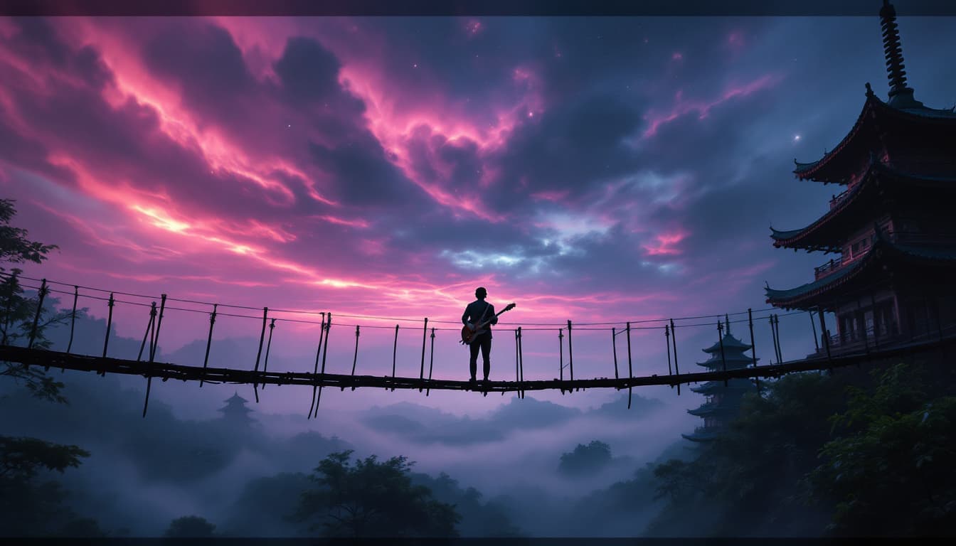 AI generated: Dreamscape (Multiple Unique Shots, Various Angles & Depths of Field)
The wooden suspension bridge sw...