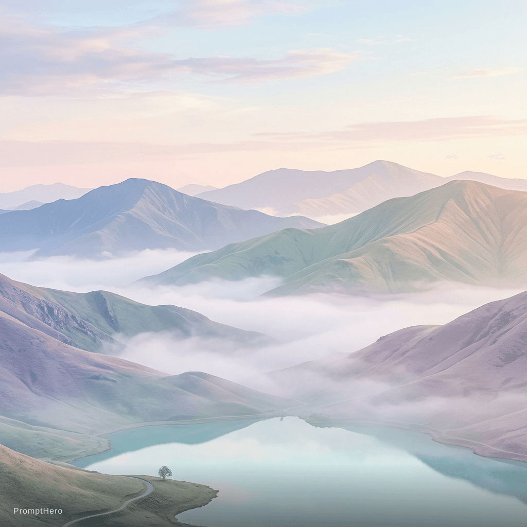 AI generated: minimalist mountain landscape, soft pastel colors, misty valleys, calm and peaceful