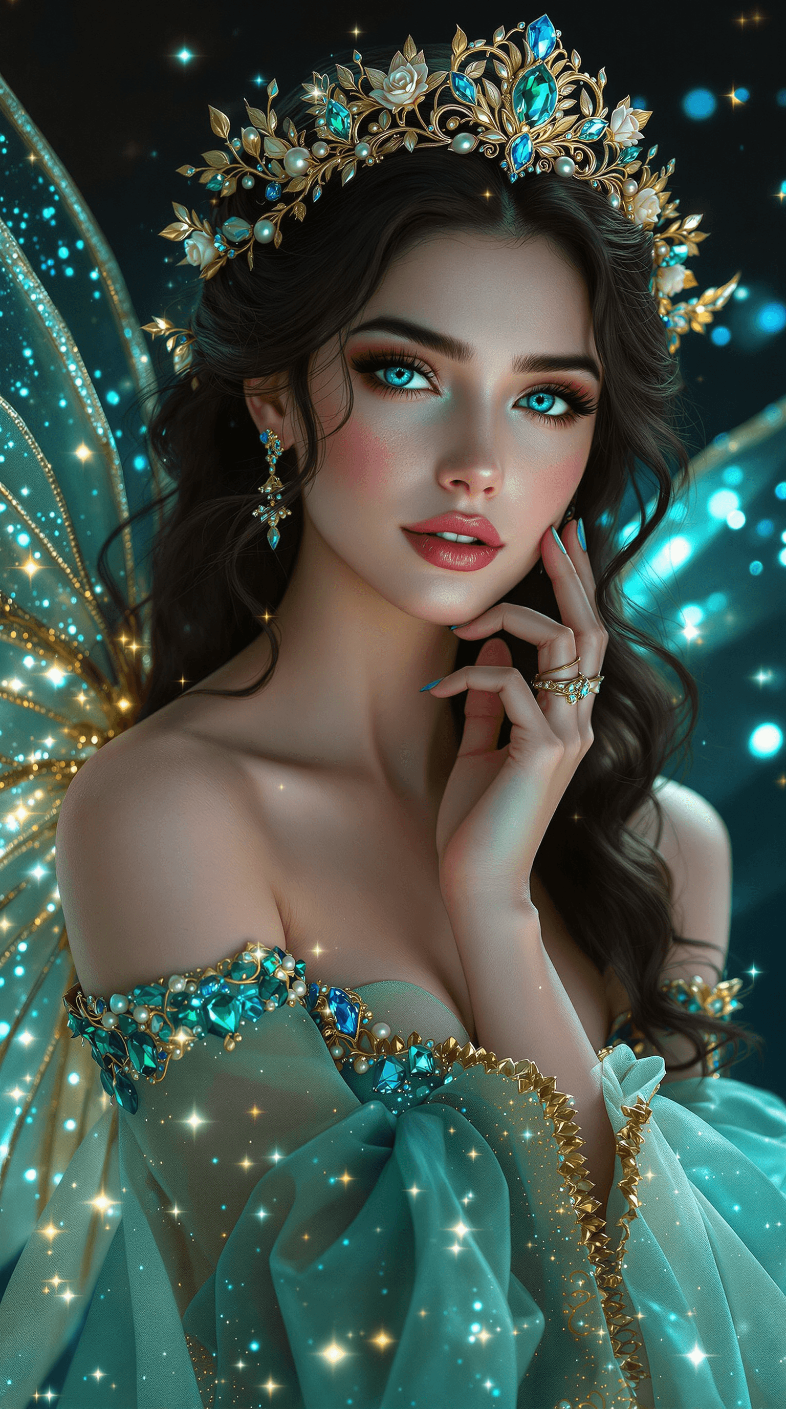 AI generated: A stunning fantasy portrait of an ethereal fairy queen with glowing sapphire-blue eyes, porcelain sk...