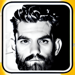AI generated: Photograph, man, model pose, minimalist, stylish nessy long hairstyle, beard, profound gaze, solid w...