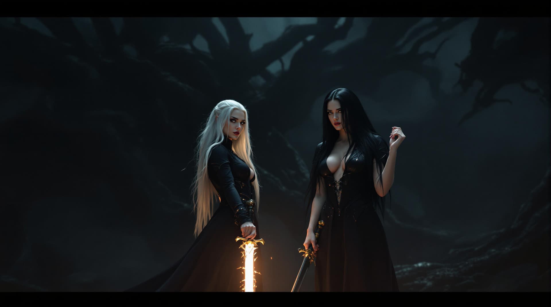 AI generated: two women in a fantasy setting, with a wide-angle camera perspective that captures the entire scene....