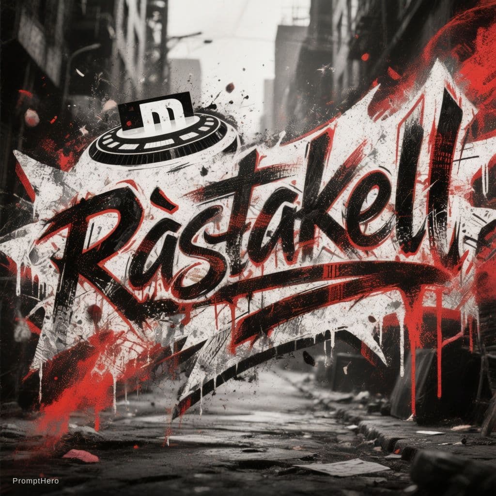 AI generated: Urban DJ logo, graffiti-inspired "Ràstakell" text, bold and edgy style, black and white with red acc...