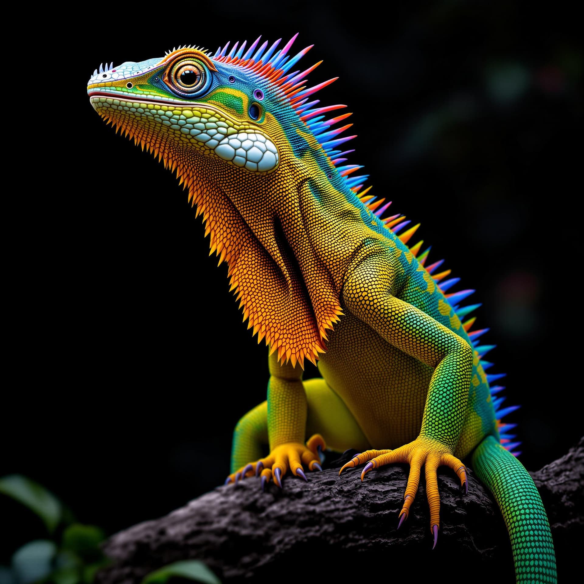 AI generated: The image features a large, colorful lizard with a long neck and a long tail. The lizard is sitting ...