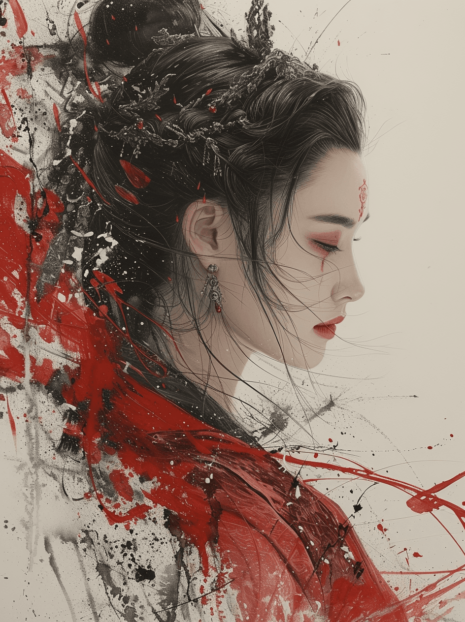 AI generated: a painting of a woman in red with black hair, in the style of delicate ink washes, epic fantasy scen...