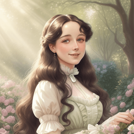 AI generated: beautiful Edwardian lady in a garden, with long dark hair and smiling, soft sunlight, Pastel colors,...