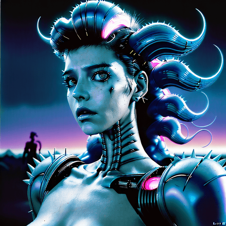 AI generated: a perfect Beautiful Amazing!! android female retrowave synthwave cyborg, space age, long retrowave m...