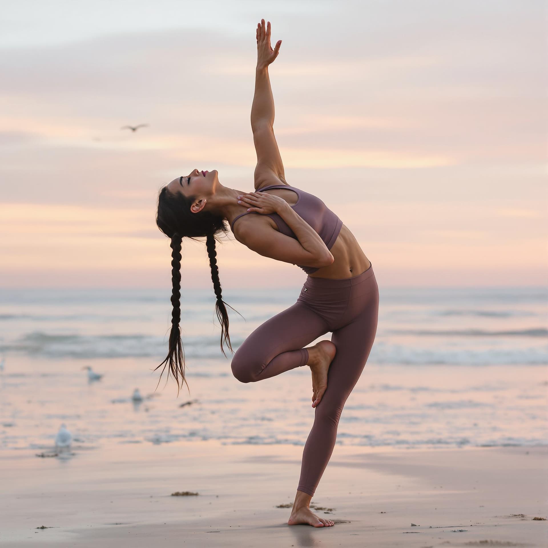AI generated: A tranquil Indian yoga instructor in her early 40s demonstrates a challenging pose on a beach at sun...