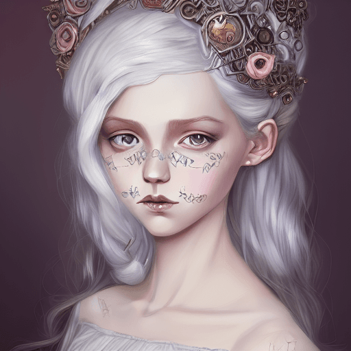 AI generated: a girl  young queen, gótic dark, white hair, realistic, ornamentals, steampunk victorian style, past...