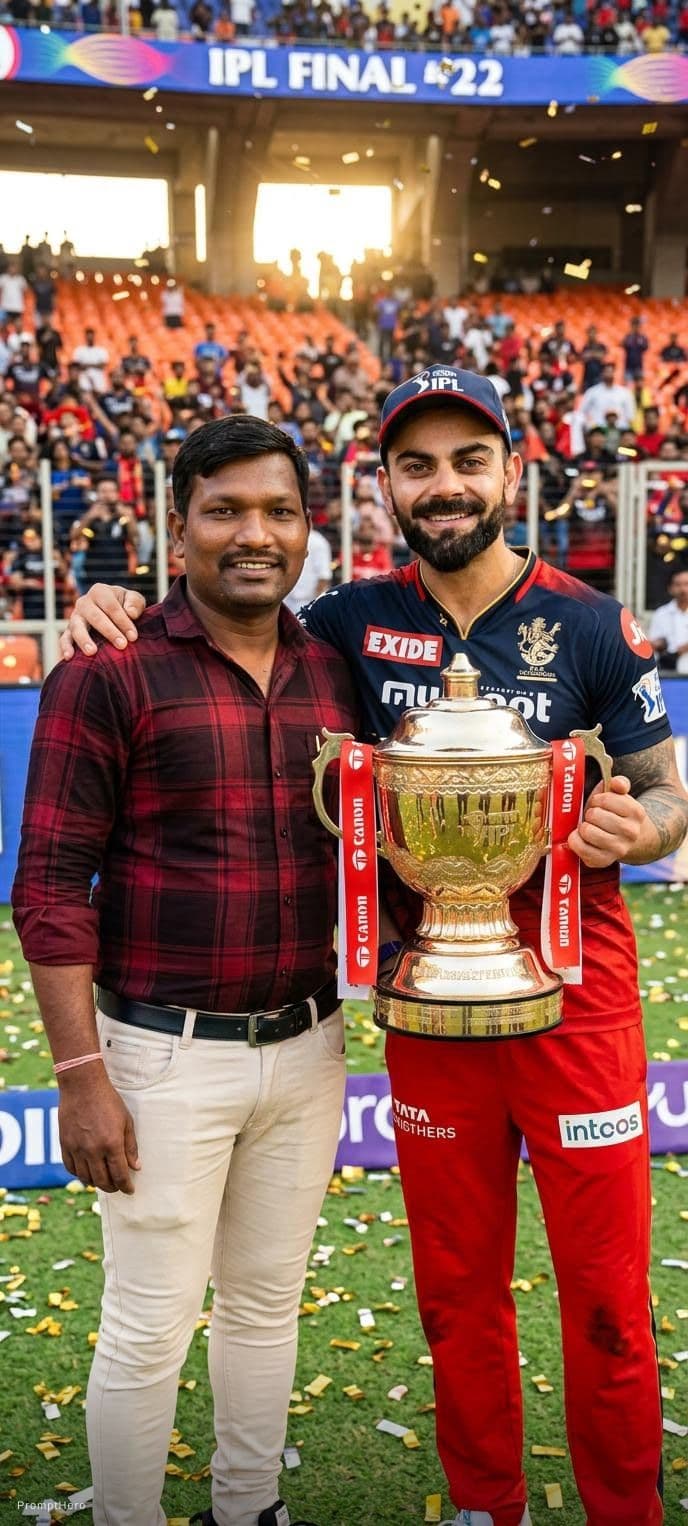 AI generated: 
Combine these two photos and make me to stand beside virat kohli with the ipl cup. Make virat givin...