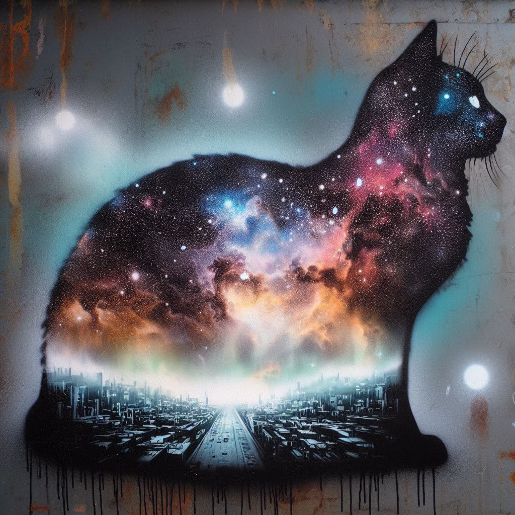 AI generated: spray painted space cat made of a nebula over a city on a metal surface, style of dan mumford