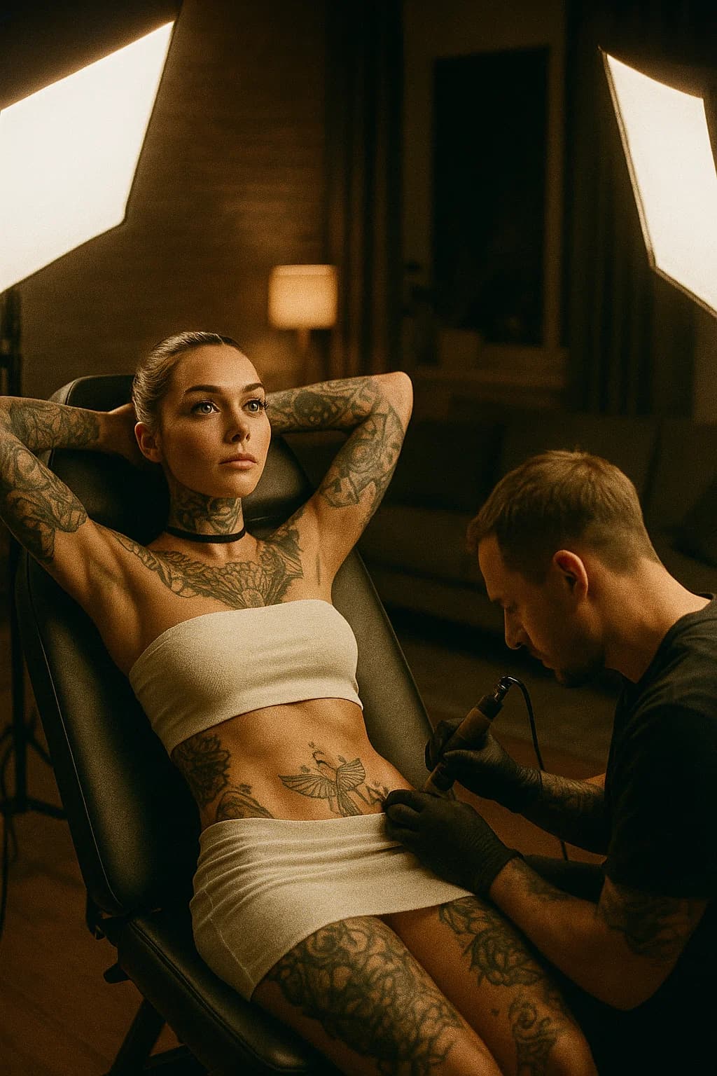 AI generated: A hyper-realistic cinematic 8K HDR lifestyle photo of a private home tattoo session in a stylish mod...