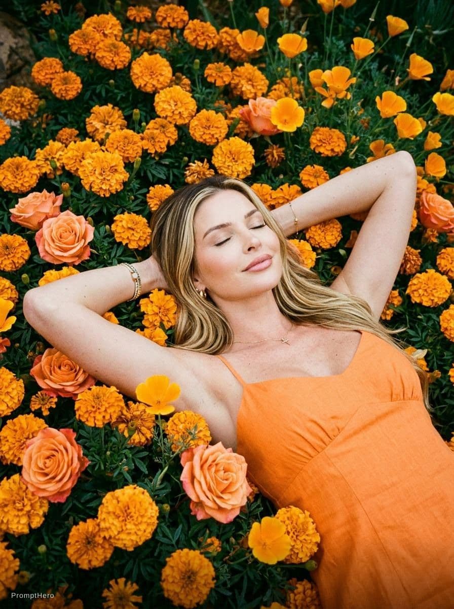 AI generated: Kodak disposable photography of beautiful fashion model with orange dress, laying on orange flower b...