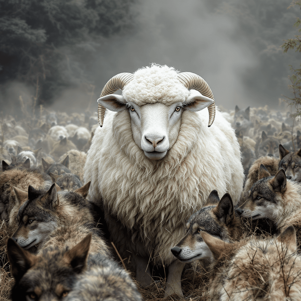 AI generated: a flock of wolves guarded by a very large and strong sheep, with wool wavy in the shape of muscles
