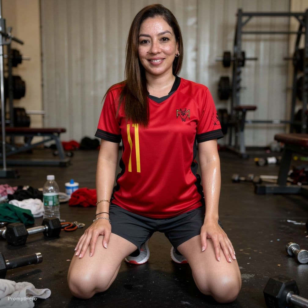 AI generated: Produce a photorealistic, candid, unplanned and sloppy gym photo of a 4'10", of the subject (average...