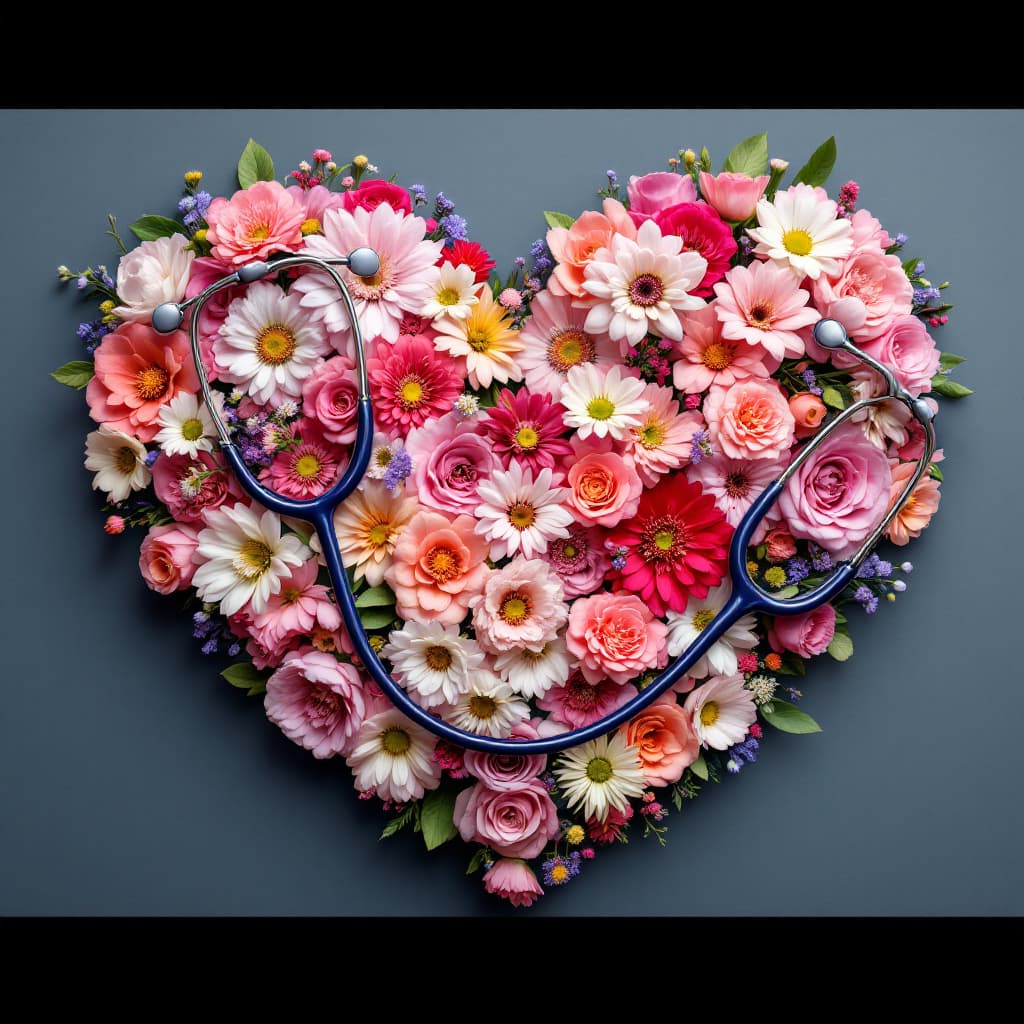 AI generated: a shaped heart created by flowers and stethoscope