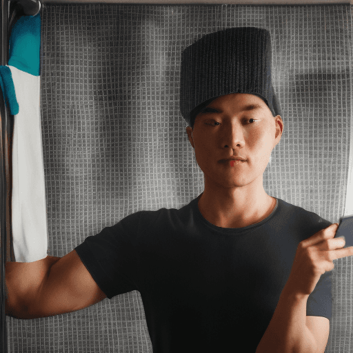 AI generated: High resolution photography of a man in front of a mirror with the word "towel", using his mobile fo...