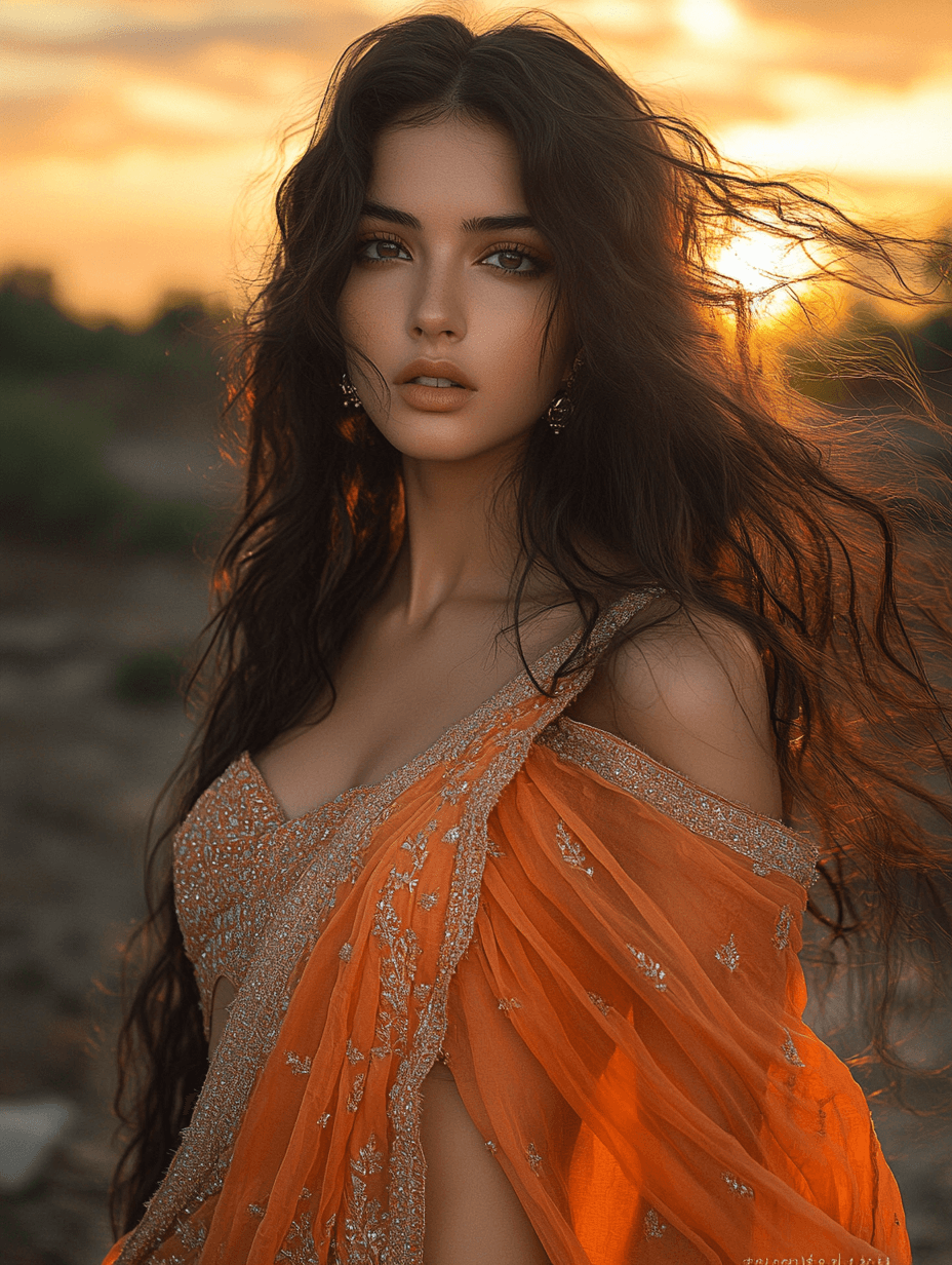 AI generated: A hyperrealistic breathtakingly beautiful Indian woman— her form radiating celestial grace. She stan...