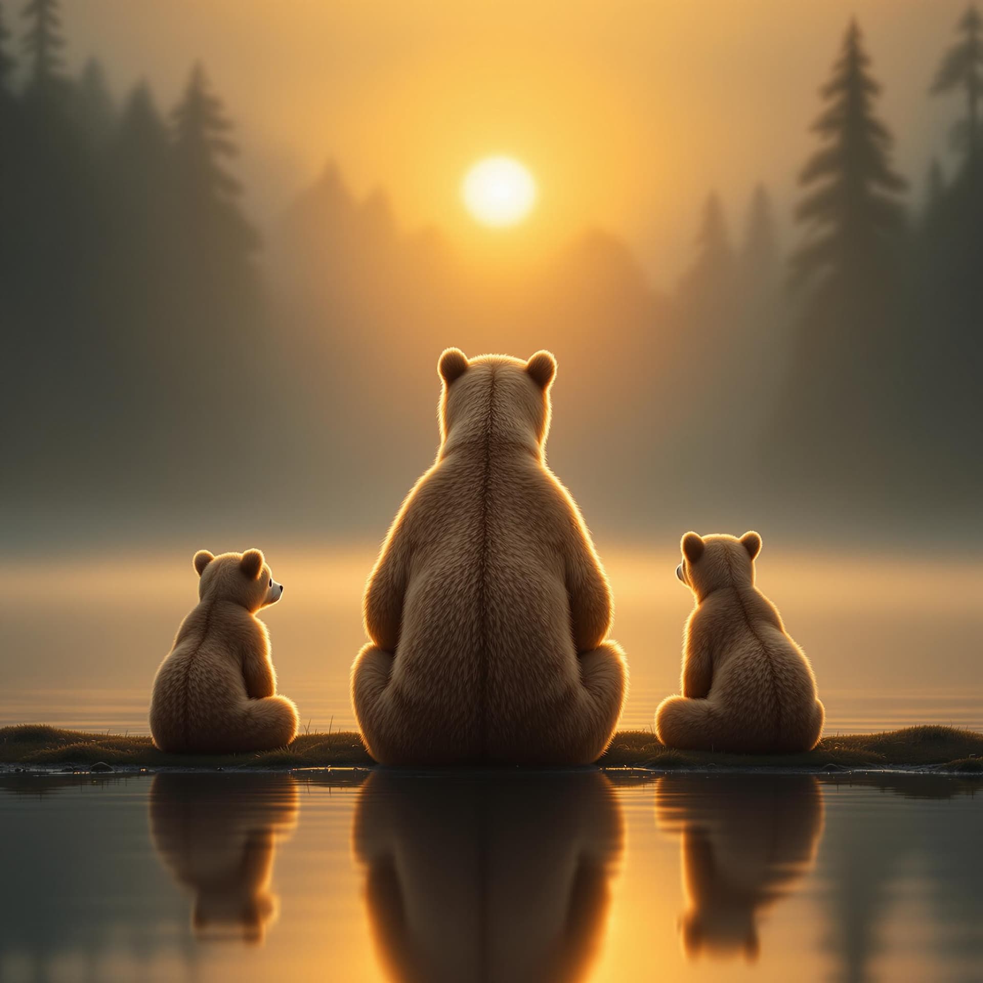 AI generated: This serene image depicts a family of brown bears at the edge of a tranquil body of water during wha...