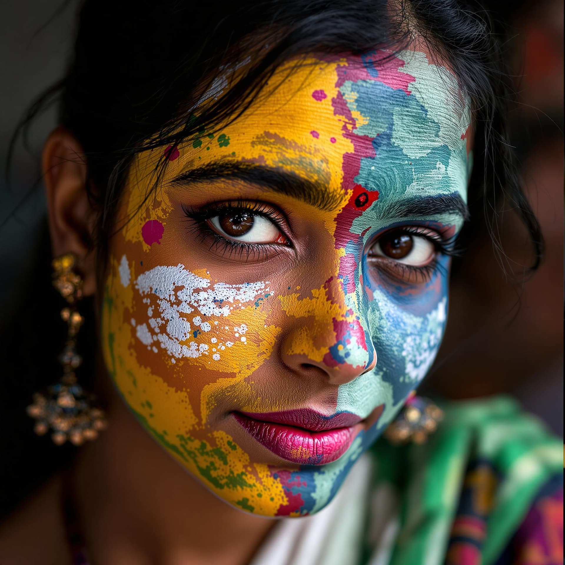 AI generated: Modern Indian Kerala girl with paint on her face, in the style of different colors, master of ink, a...