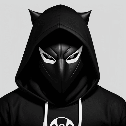 AI generated:  The image features a black and white stylized logo of a masked character. The mask has a hood and i...