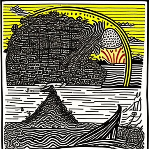 AI generated: Retro Sunset, style of arthur rackham and keith haring and yuumei, landscape, brilliant