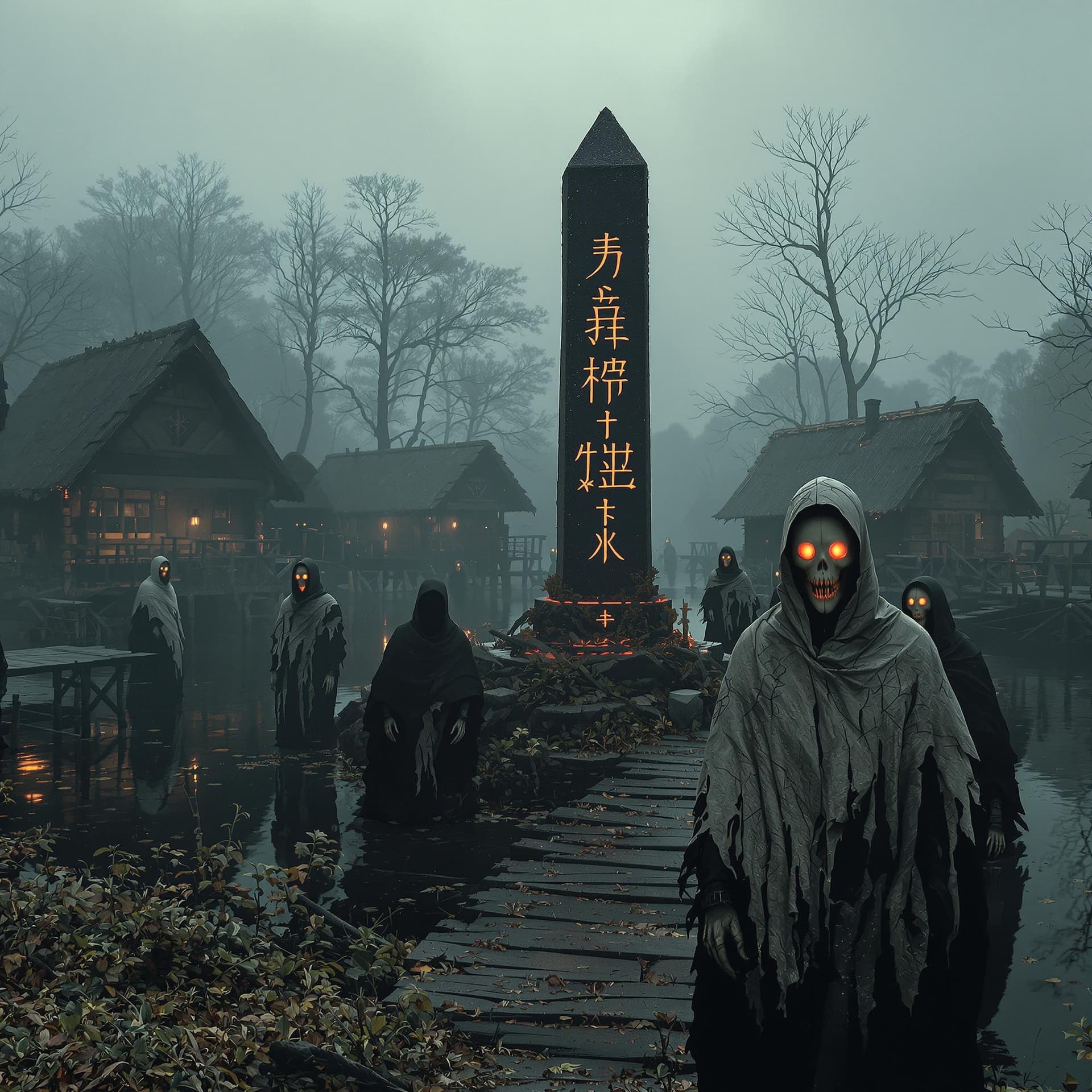 AI generated: Medieval foggy swamp village at dawn, wooden huts on stilts over black water, six mysterious figures...