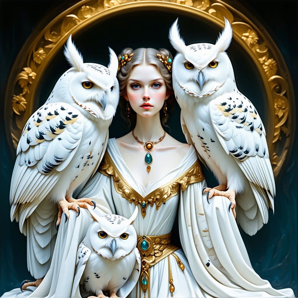 AI generated: images of woman with her owls, in the style of ethereal beauty, porcelain, dark white and light azur...