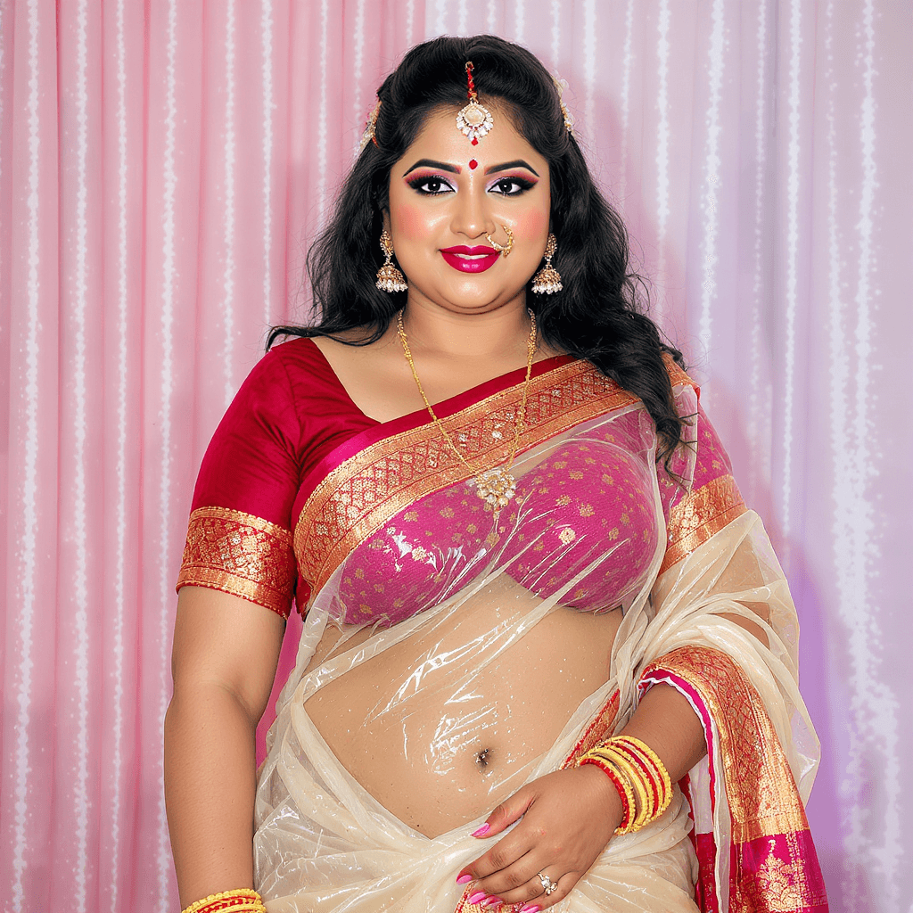 AI generated: Creat a Indian married curvy aunty image. She wearing a thin transparent white wet saree. Showing he...