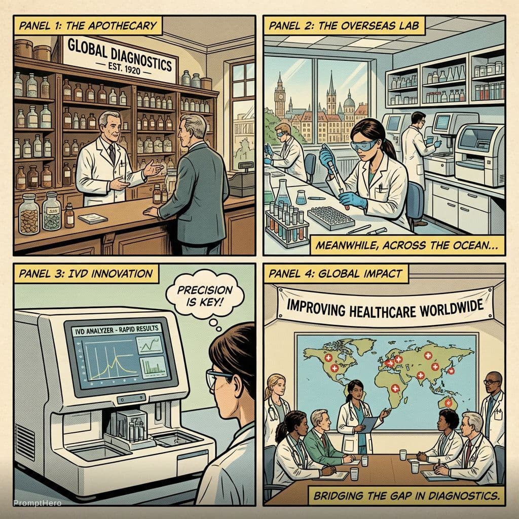 AI generated: Classic pharmacy  full-color comic pages with four pictures, a medical device company based overseas...