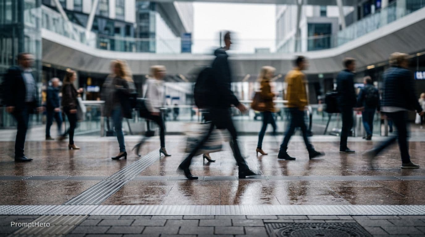 AI generated: Cinematic street photography, blurred pedestrians walking, strong motion blur conveying urban rush a...