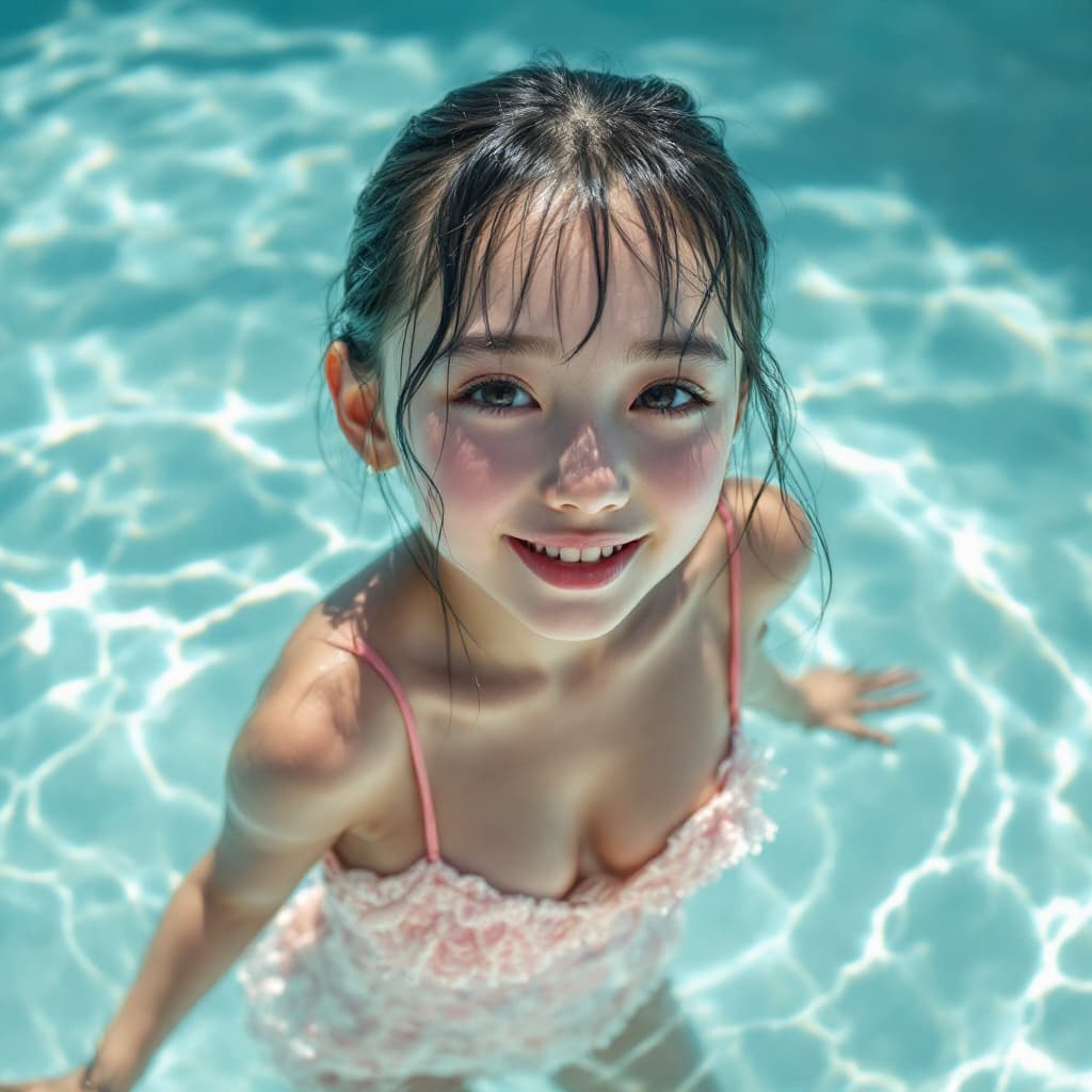 AI generated: a 9yo pretty face, small body with swimming dress