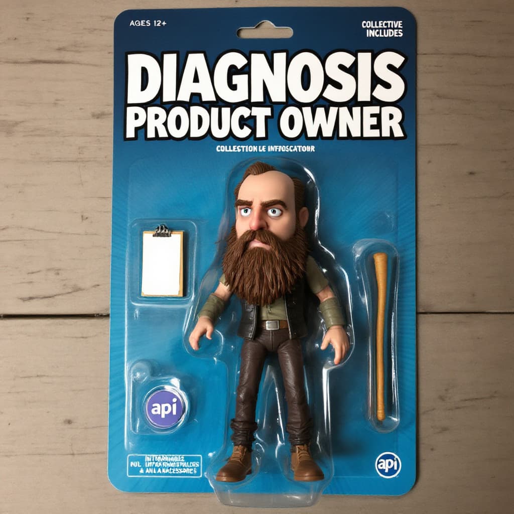 AI generated: A stylized collectible action figure in a toy package labeled "Diagnosis Product Owner" for ages 12+...