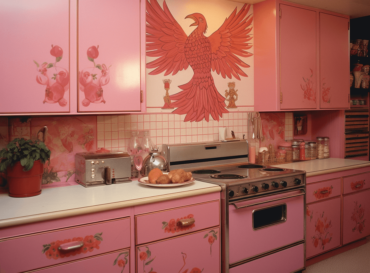 AI generated: the back wall of the kitchen is painted pink, in the style of 1970s, flickr, pictorial, yankeecore, ...