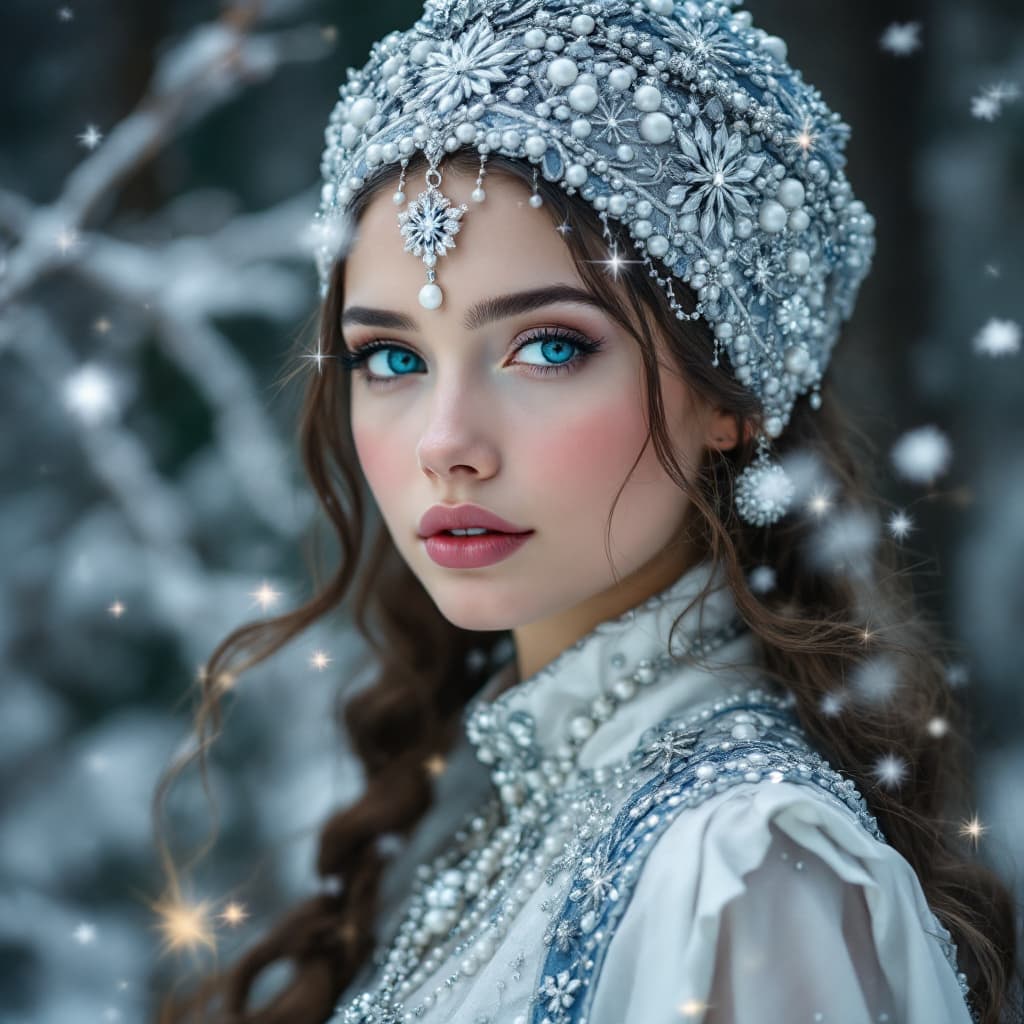 AI generated: A girl in the image of the Snow Maiden, in a kokoshnik embroidered with pearls and silver, with blue...
