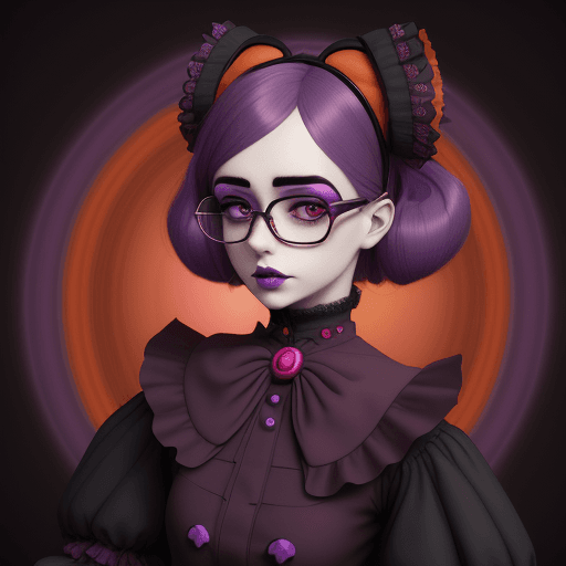 AI generated: cartoon girl with glasses, purple, in the style of natalie shau, dark orange and red, junya watanabe...