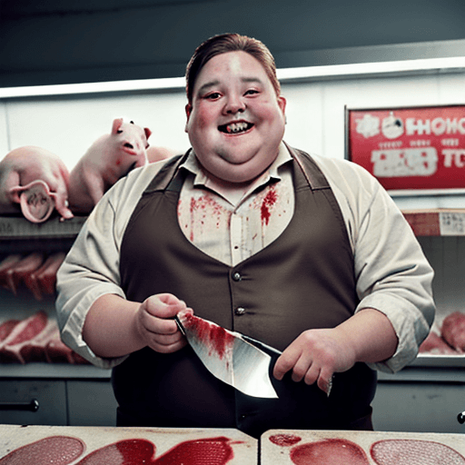 AI generated: a pig that is fat that works as a Butchers that sells humans part in the background, a creepy smile,...