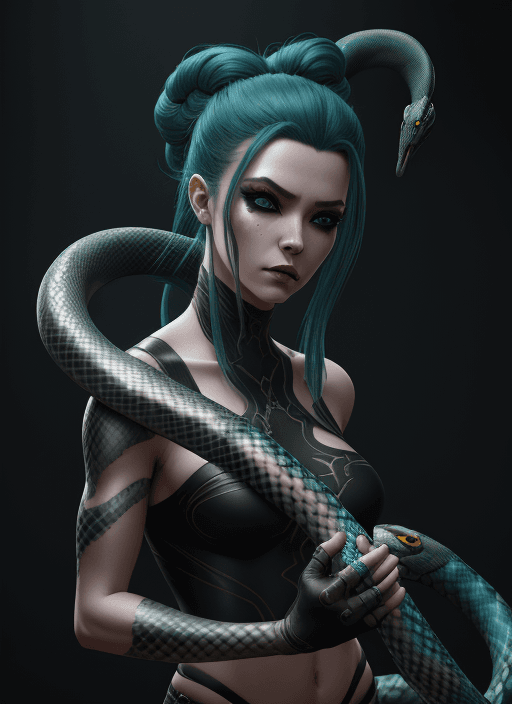 AI generated: trending on artstation, woman with snake, fantasy hair, artistic makeup, high detail, octane render,...