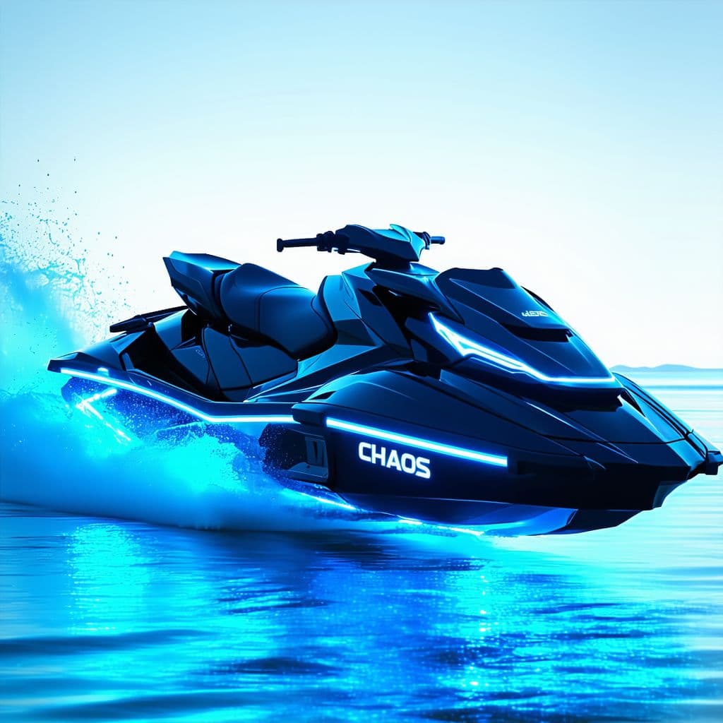 AI generated: Futuristic jet ski with a sleek design, featuring 4 jet engines with one on each corner of the jet s...