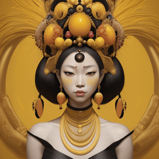 AI generated: a mural of Asian woman on a yellow wall with fruit on her head, in the style of ingrid baars, 32k uh...