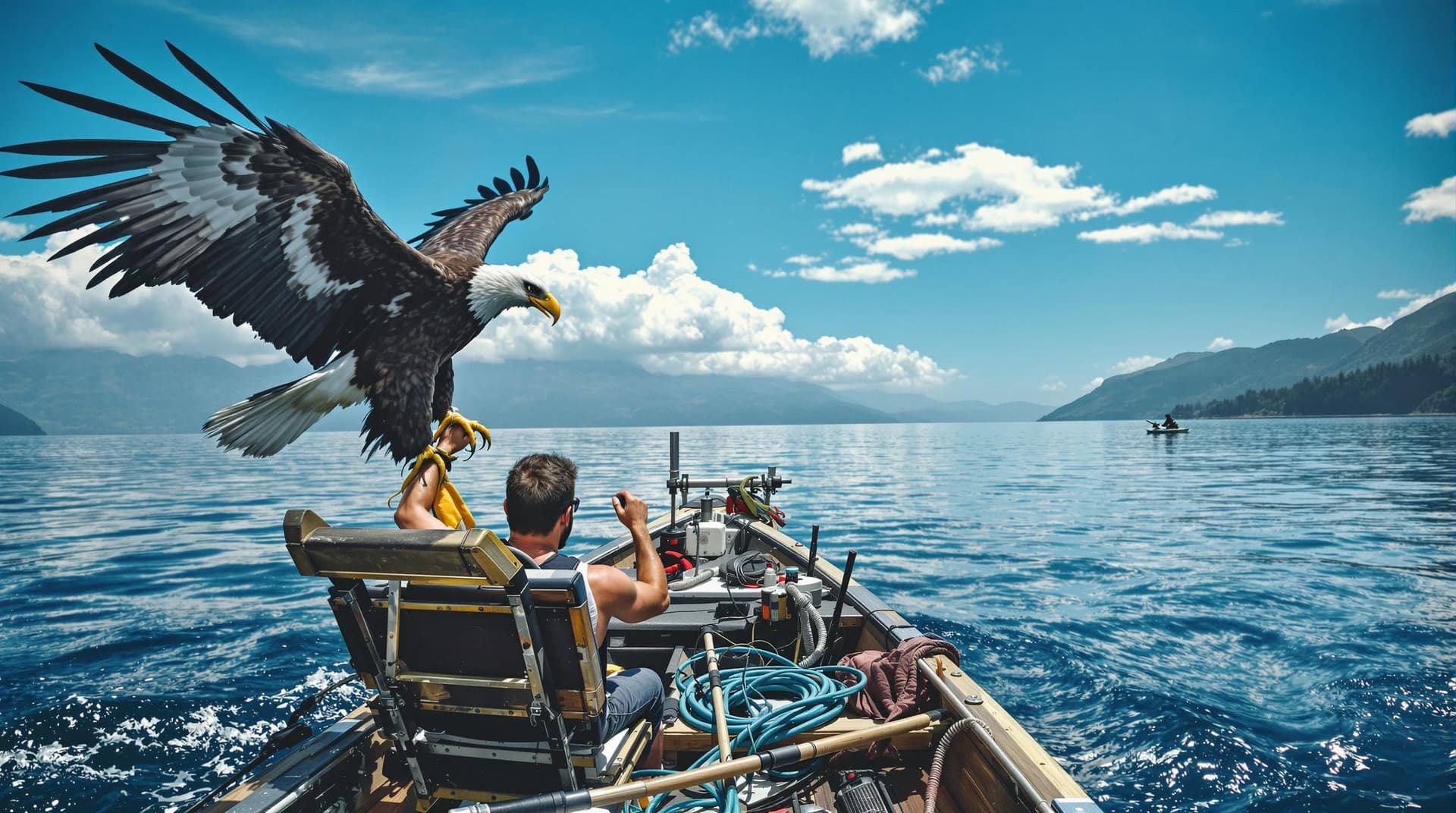 AI generated: a man in boat with eagle 