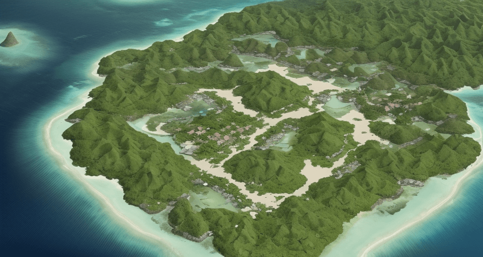 AI generated: satellite view of a dreamy desolate tropical island, green with vegetation. positive, happy, sunny, ...