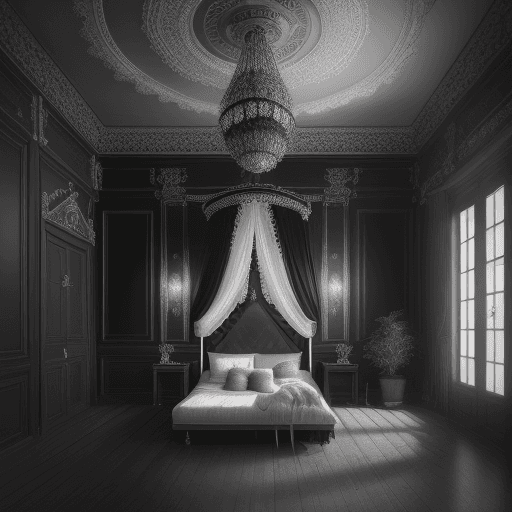 AI generated: High resolution photography interior design, dreamy black and white illusion room with microphone in...