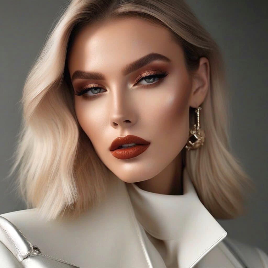 AI generated: photo of a gorgeous woman, (lipstick, mascara, long eyelashes, light blush, smoky eye shadow). natur...